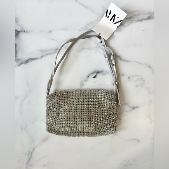 Zara Silver Rhinestone Evening Bag NWT | Sparkly Crossbody Clutch Party Purse - Picture 2 of 6